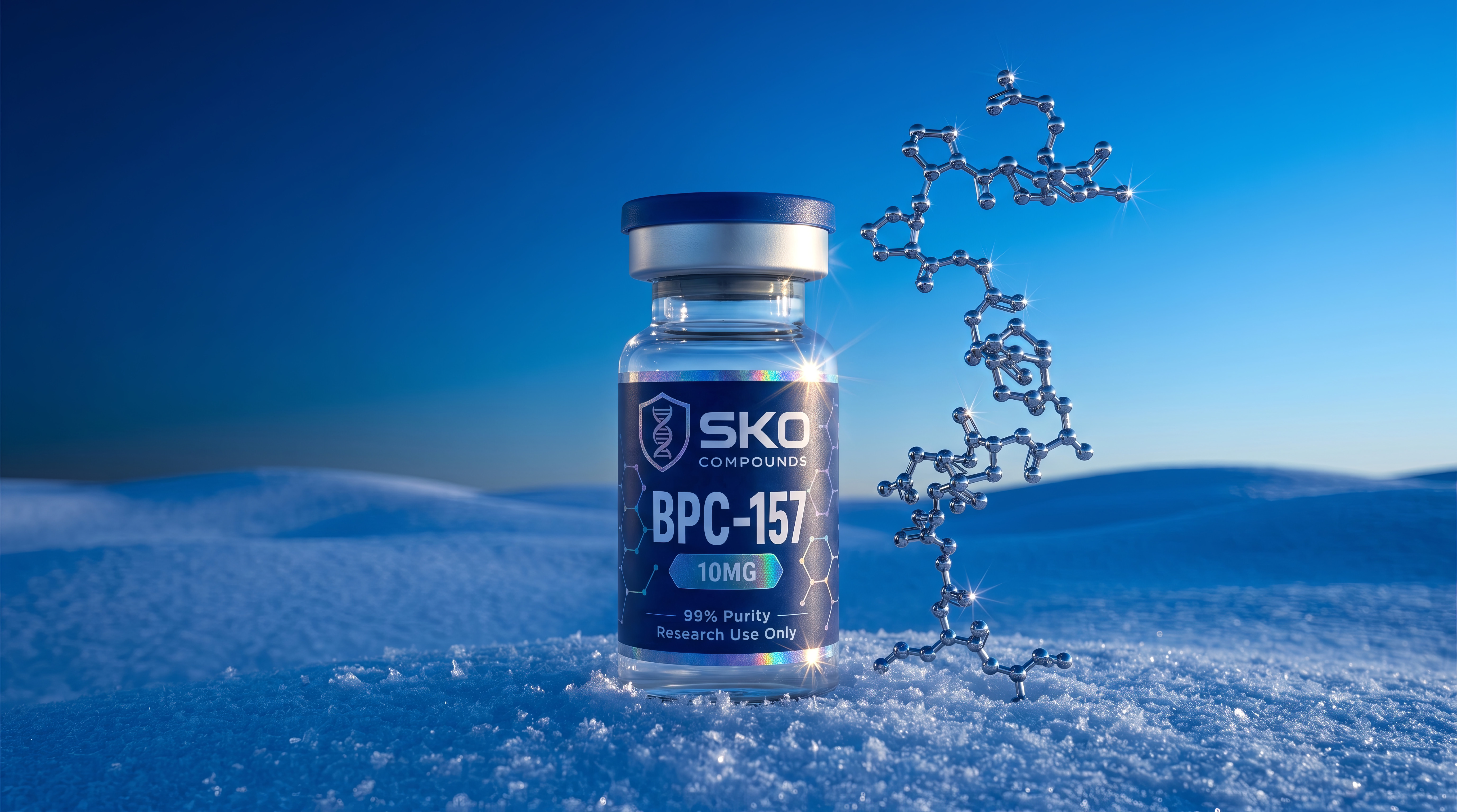BPC-157 and its structure in liquid chrome, in the snow